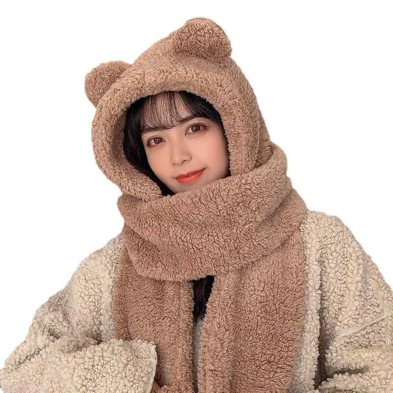 乐天商城 - 帽子 レディース 冬用 クマ耳付き ニット帽 ネックウォーマー 手袋 3点セット 羊羔绒 防寒 保温 寒さ対策 ふわふわ モコモコ かわいい ベージュ系
