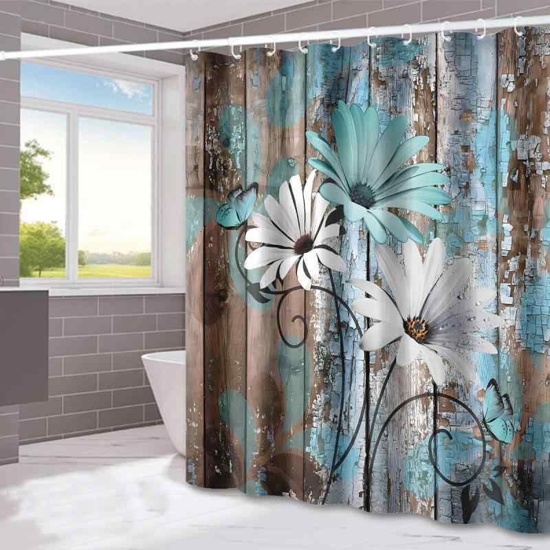 カーテン 木板柄 花柄 バスカーテン 浴室 間仕切り 防水 ポリエステル製 彩绘
