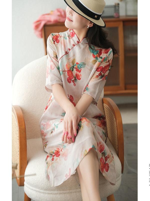 チャイナドレス レディース ワンピース 春夏 Aライン 半袖 膝丈 ポリエステル 花柄 ゆったりサイズ 普段使い