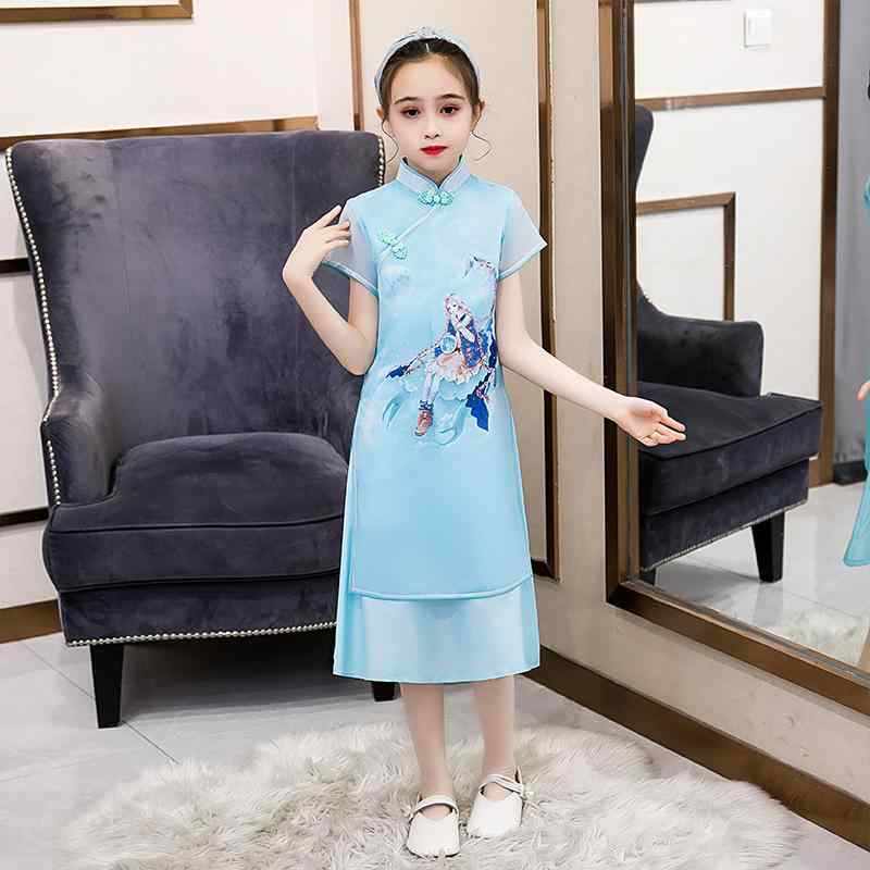 チャイナドレス 子供 女の子 中国風 ポリエステル 夏 立領 膝丈 斜め襟 三分袖 花柄 格子柄 ピンク系 グリーン系 110 120 130 140 150 ..