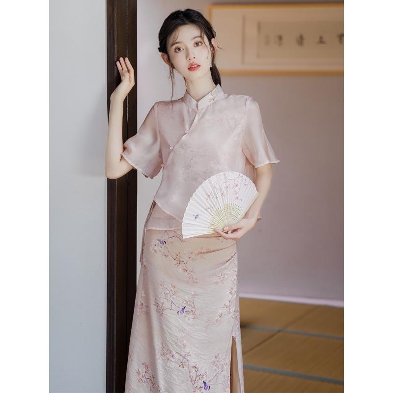 チャイナドレス レディース ピンク系 新中式 国風 2点セット ワンピース ポリエステル 花柄プリント 立襟 半袖 レトロ 文芸風