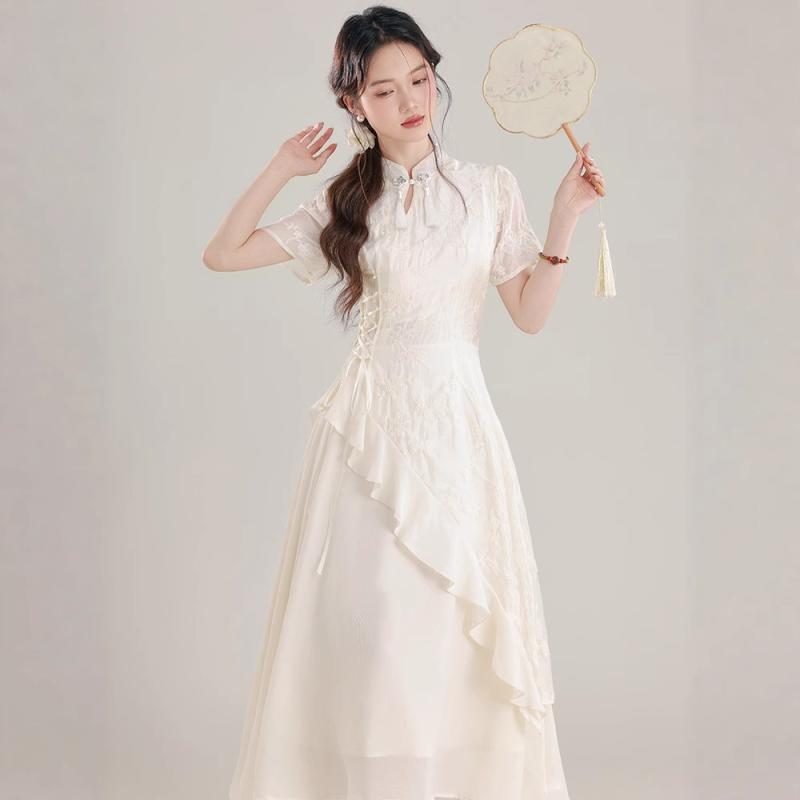 ワンピース レディース 新中式 チャイナドレス 改良型ワンピース 半袖 Aライン 高腰 切り替え 刺繡 杏色 綿 ポリエステル 混紡 エレガント かわいい