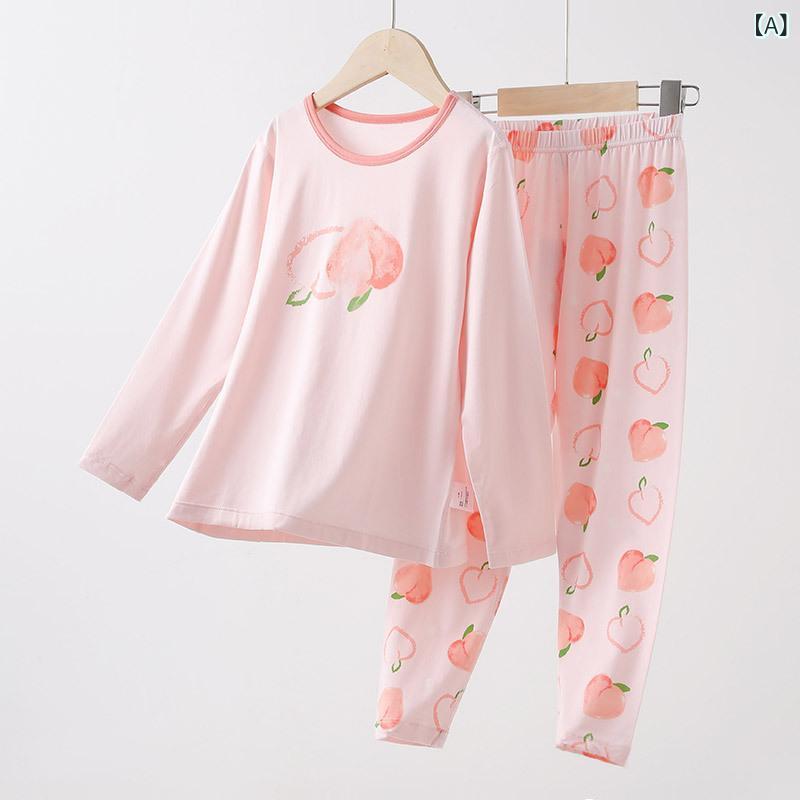 シャドーテールの子供用パジャマ ルームウェア 上下セット 薄手 春夏 韓国風 A類 ピンク 桃柄 コットン 吸湿速乾 110cm 120cm 130cm 140cm｜アングル2
