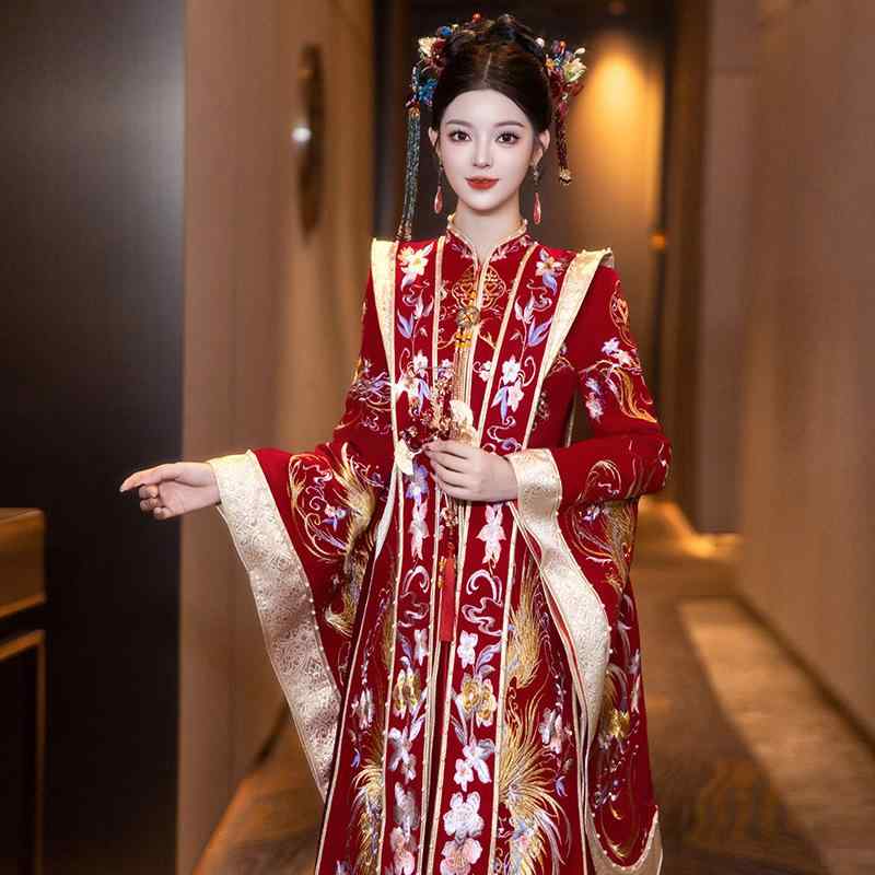 秀禾服 レディース チャイナドレス 結婚式 ブライダル 衣装 婚礼衣装 立体装飾 ポリエステル 高腰 長袖 ロング丈 春夏