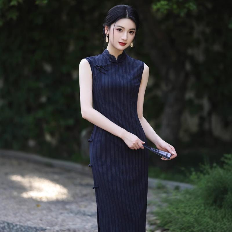 チャイナドレス レディース 新しいスタイルの短い丈の改良型チャイナドレス レトロ ワンピース ポリエステル エレガント 紺色