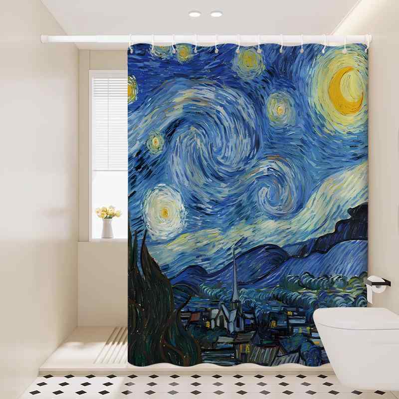 カーテン 梵高油絵 アート 防水 厚手 バスカーテン 浴室 間仕切り 乾燥 湿気 分離