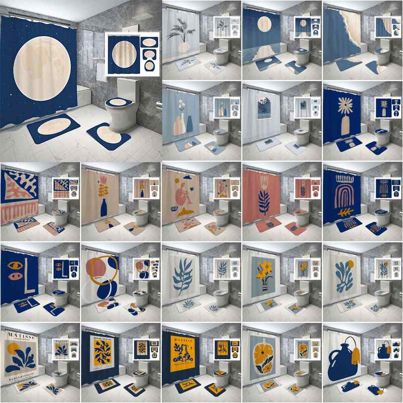 カーテン バスルーム 間仕切り 北欧風 花柄 植物柄 ポリエステル製 イエロー系 ブルー系 抽象柄 浴室用