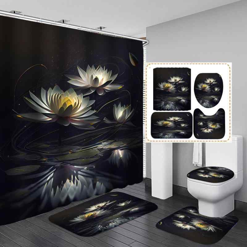 カーテン 浴室用 四点 セット ポリエステル 防水 防カビ 間仕切り 目隠し シャワーカーテン バスカーテン 花柄 プリント