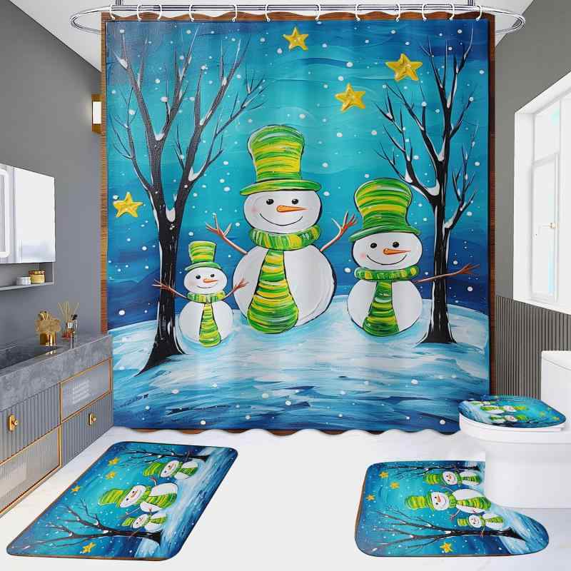 カーテン レディース クリスマ スノーマン ポリエステル シャワーカーテン 防水 間仕切り 浴室 ホテル 4点セット
