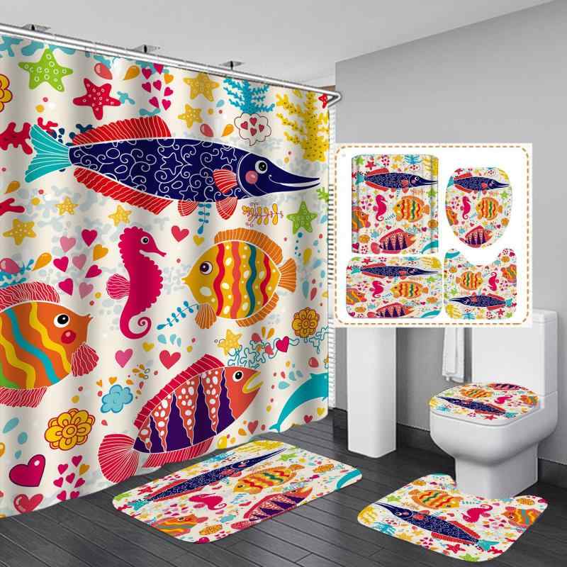 バスカーテン 浴室用カーテン 4点セット ポリエステル製 間仕切り 防水 防カビ加工 魚柄