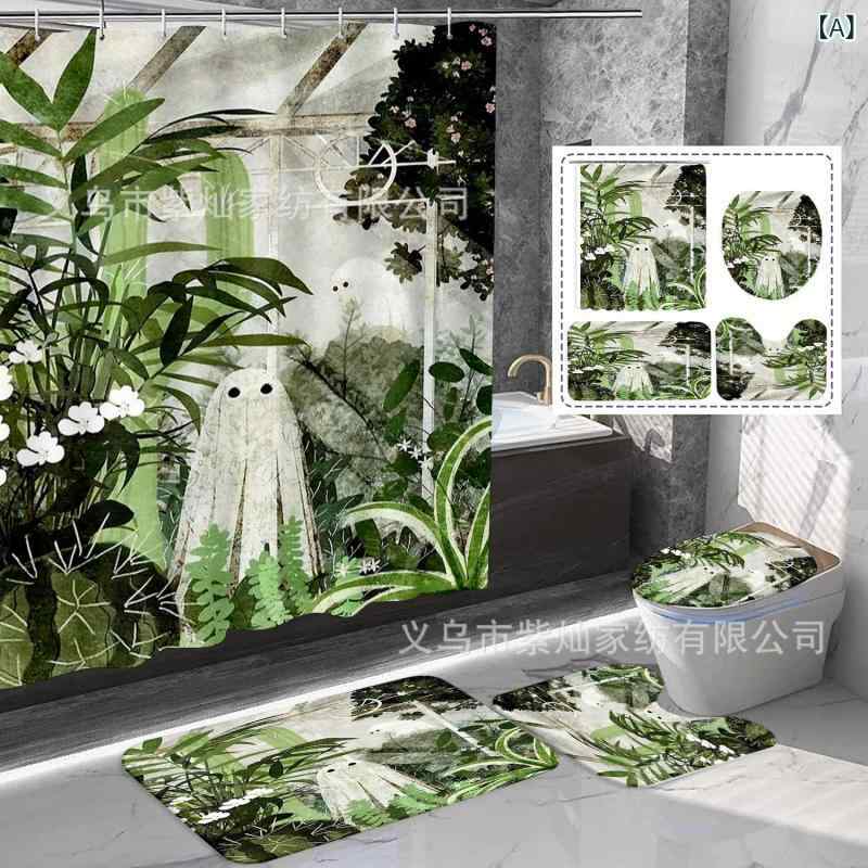 カーテン 浴室用カーテン ポリエステル シャワーカーテン 防水 バスカーテン すべり止めマット 4点セット 花柄 緑