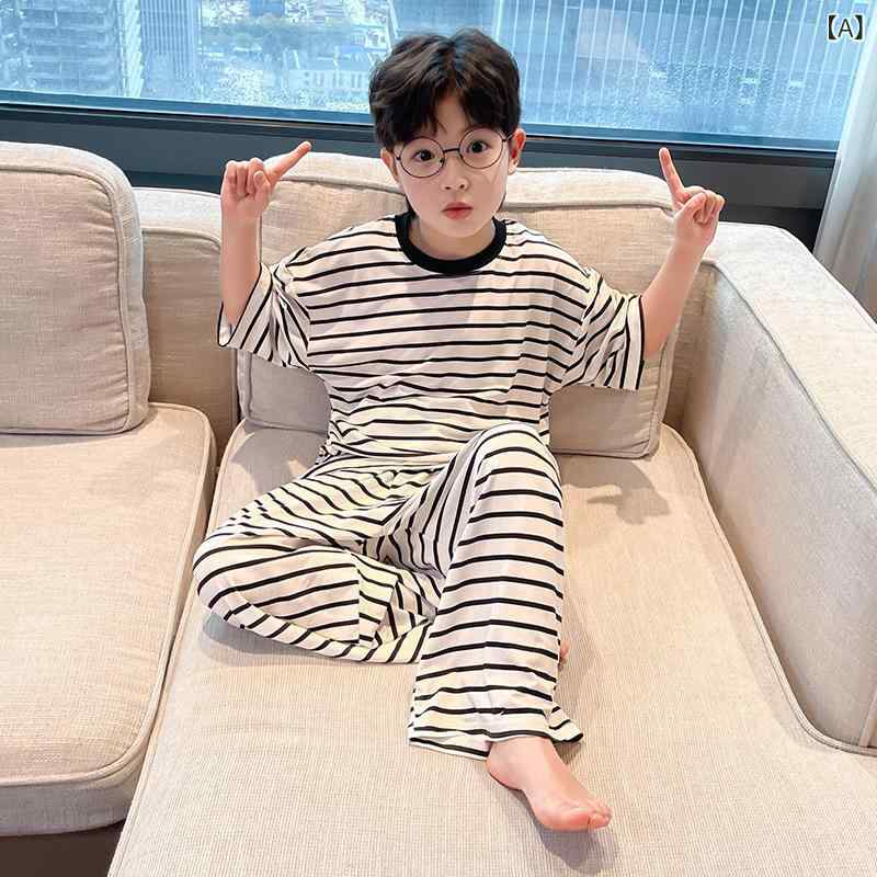 子供用パジャマ 男の子 夏用 モダール ストライプ柄 薄手 キッズ ルームウェア 上...
