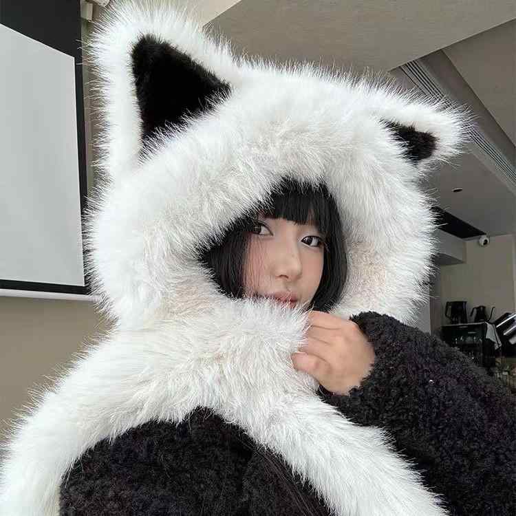 Knit Hat - 帽子 レディース かわいい 狐耳付き 防寒 秋冬 ネックウォーマー 一体型 ぬいぐるみ キャップ ミルクホワイト ベージュ グレー