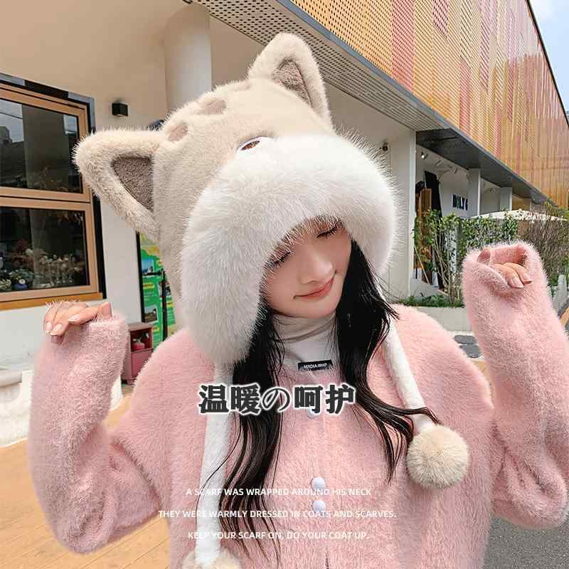 帽子 レディース 防寒 保温 裏起毛 小熊 くま耳付き かわいい 秋冬 ピンク グレー カーキ ベージュ オフホワイト