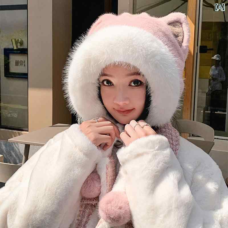 シャドーテールの帽子 レディース 防寒 保温 裏起毛 小熊 くま耳付き かわいい 秋冬 ピンク グレー カーキ ベージュ オフホワイト｜アングル2