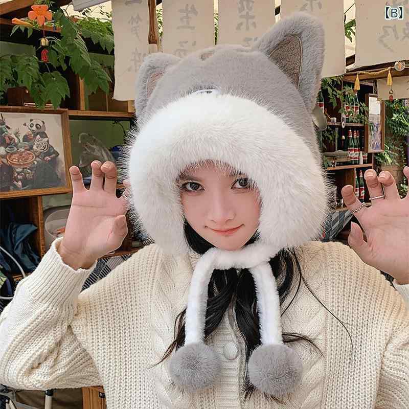 シャドーテールの帽子 レディース 防寒 保温 裏起毛 小熊 くま耳付き かわいい 秋冬 ピンク グレー カーキ ベージュ オフホワイト｜アングル3