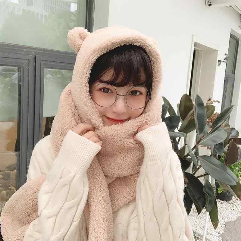 帽子 レディース 秋冬 小熊 耳付き かわいい 学生 ニット帽 ネックウォーマー マフラー フェイスマスク 4点セット 防寒 白色 コーヒー色 米色 ブラック ポリエステル