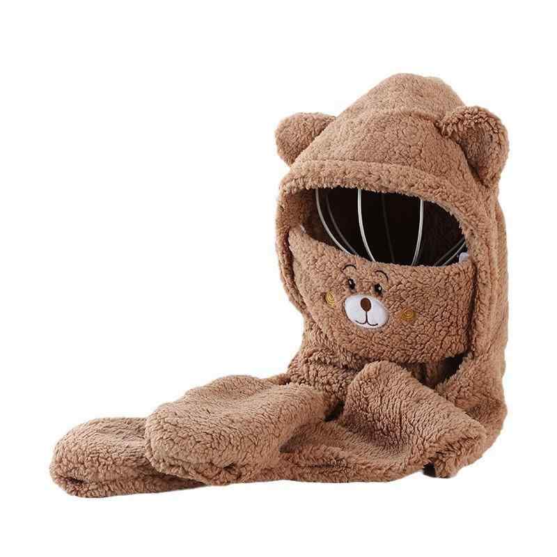 ニット帽 レディース 秋冬 小熊 かわいい 防寒 耳あて マフラー 一体型 ベージュ系 ホワイト系 あったか ふわふわ もこもこ