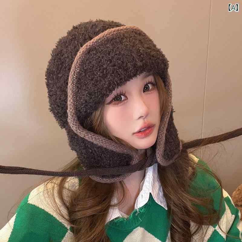 ニット帽 レディース 防寒 秋冬 ウール 暖かい かわいい 韓国風 耳当て付き 帽子 ...