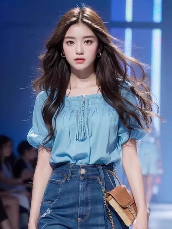 シャツ レディース 半袖 抽象柄 ポリエステル 泡パフスリーブ スクエアネック ブラウス ブルー ドロップショルダー トップス