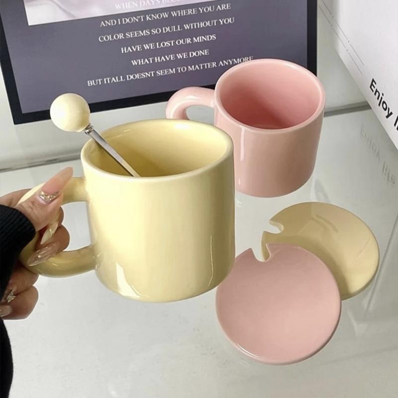 マグカップ レディース メンズ 兼用 陶器 カップ スプーン フタ付き ミルク色 イエロー系 オフィス用 ..