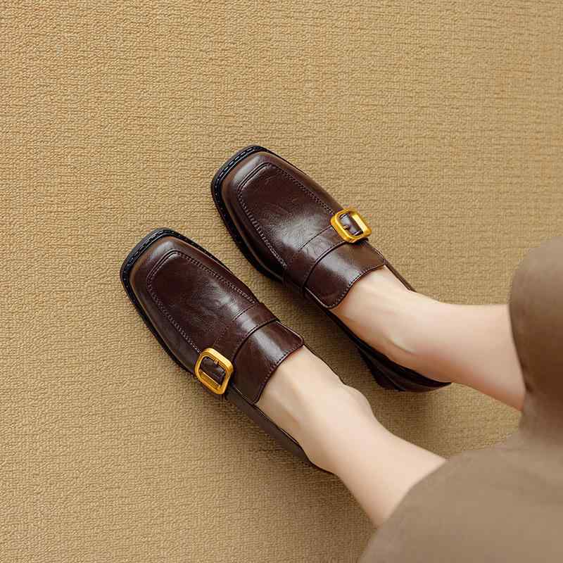 ローファー レディース 靴 春夏 秋冬 レトロ スクエアトゥ スリッポン チャンキーヒール 太ヒール 合皮 ブラック ブラウン 小さいサイズ 大きいサイズ