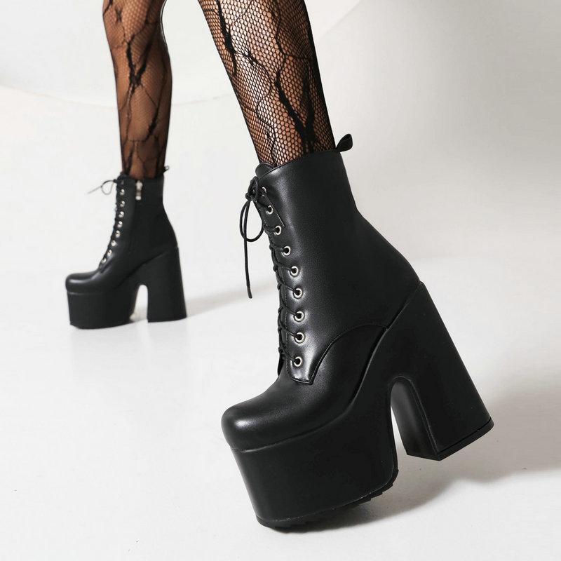 ブーツ レディース 厚底 ショートブーツ レースアップ 超ハイヒール 防水 秋冬 スクエアトゥ プラット..