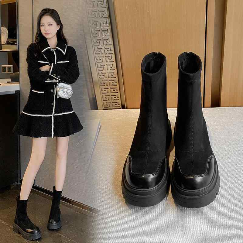 ブーツ レディース 厚底 ショートブーツ ラウンドトゥ チャンキーヒール 黒 無地 スエード調 秋冬 後ろファスナー付き カジュアル
