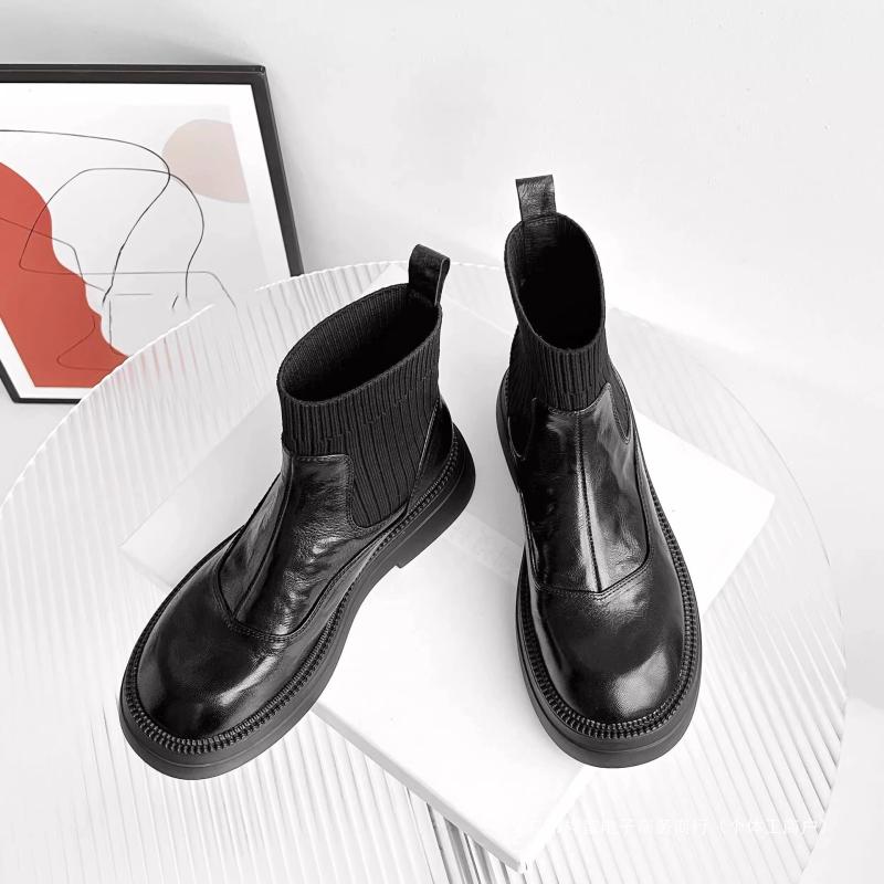 ブーツ レディース 秋冬 本革 フランス風 ストレッチ 伸縮性 チャンキーヒール ショートブーツ くるぶし丈 カジュアル ブラック 黒 あったか 裏起毛