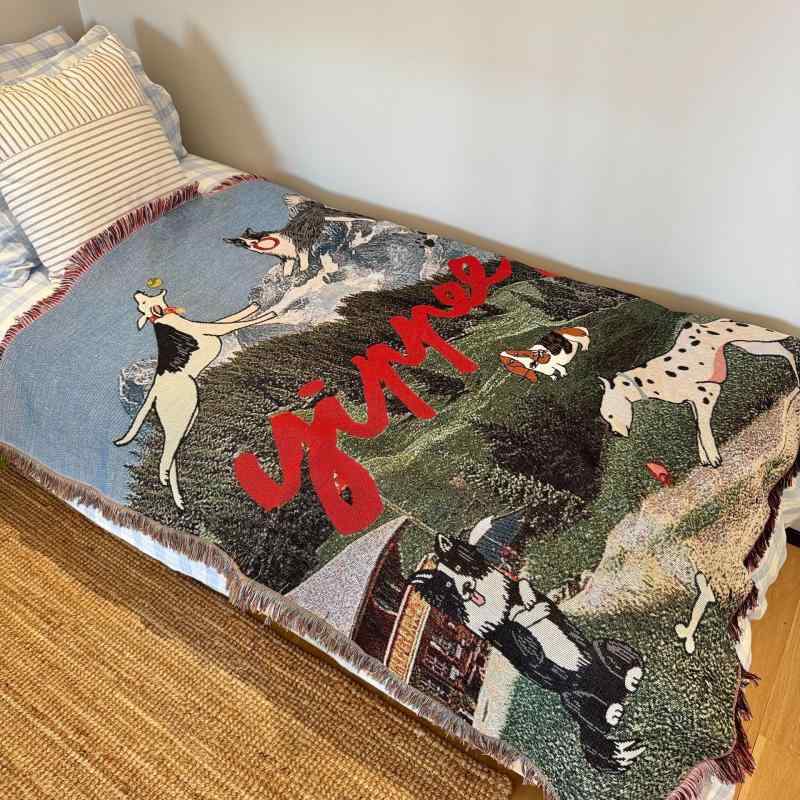 タペストリー インテリア雑貨 コットン風 歓呼する犬 レッド系 130X160cm リビング 寝室 北欧風 かわい..