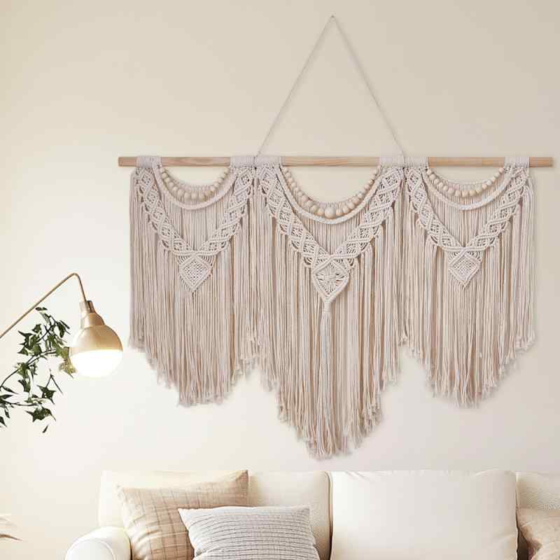 タペストリー 壁掛け 手織り 綿製 ボヘミアン風 壁飾り 長方形 白 寝室 リビング ダイニング 子供部屋