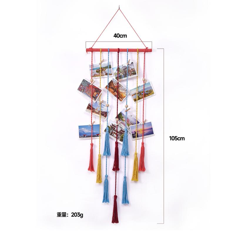 タペストリー ボヘミアン風 壁掛け 写真収納 北欧風 インテリア 手編み マクラメ ロープ 綿製 淡いピンク系 海水ブルー 月白ブルー 薄紫 虹色 クリップ付き