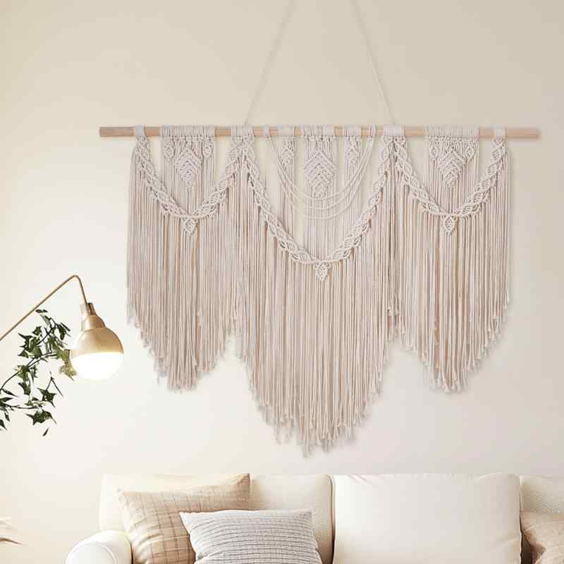タペストリー 北欧風 手編み 壁掛け おしゃれ コットン 綿 織り 間仕切り カーテン 白 長方形 110 80cm