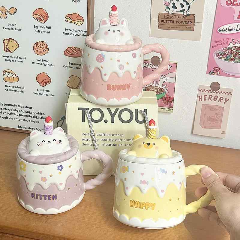 マグカップ かわいい 蓋付き 陶器製 コーヒーカップ オフィス用 家庭用 ピンク パープル イエロー