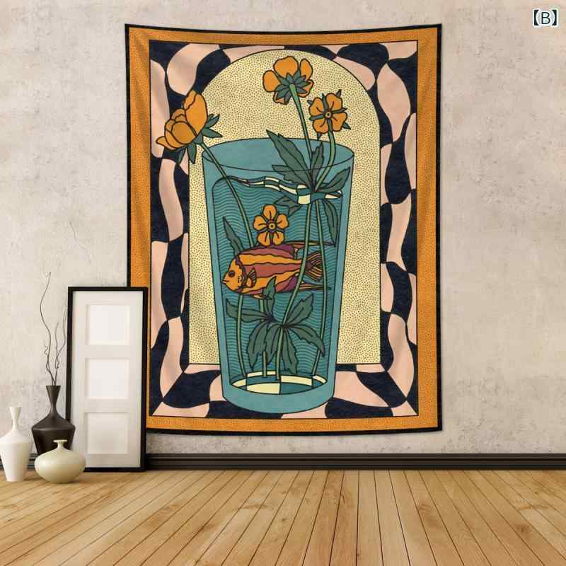 タペストリー 抽象柄 猫目 ファッションガール 花瓶 金魚 幾何学模様 ポリエステル製 リビング 寝室