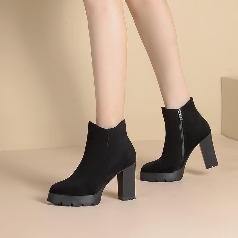 ブーツ レディース 厚底 ショートブーツ 秋冬 防水 滑り止め ラウンドトゥ チャンキーヒール ハイヒー..