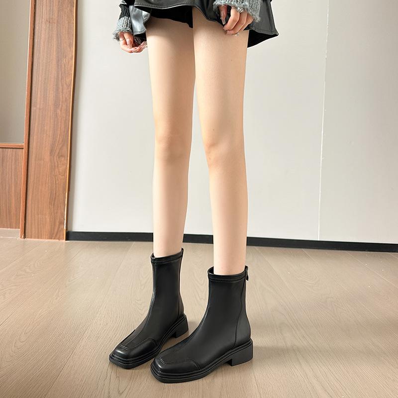 ブーツ レディース 厚底 ショートブーツ 黒 レトロ調 チャンキーヒール 5cm 伸縮性 ストレッチ スクエアトゥ ファスナー 滑り止め 履きやすい 歩きやすい カジュアル 通勤 通学 秋冬 ブラック