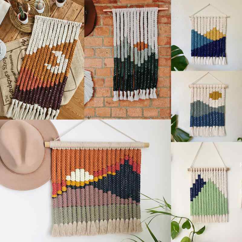 タペストリー 手編み 壁掛け 壁画 風景柄 コットン 北欧スタイル リビング ベッドルーム 背景壁 デコレーション 夕焼け 山丘 幾何学模様 手洗い可