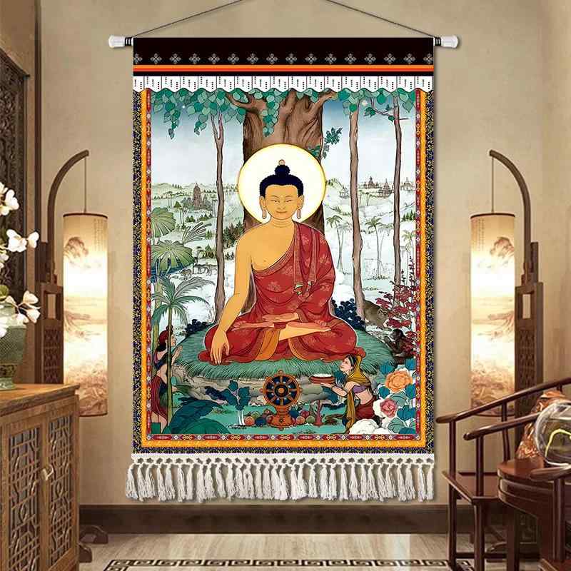 タペストリー 八吉祥 チベット 民族スタイル 壁掛け キャンバス アート 民宿 ホテル 壁画 八宝図 背景布 綿麻 45X65cm 60X85cm 80x110cm 95X135cm 135x160cm