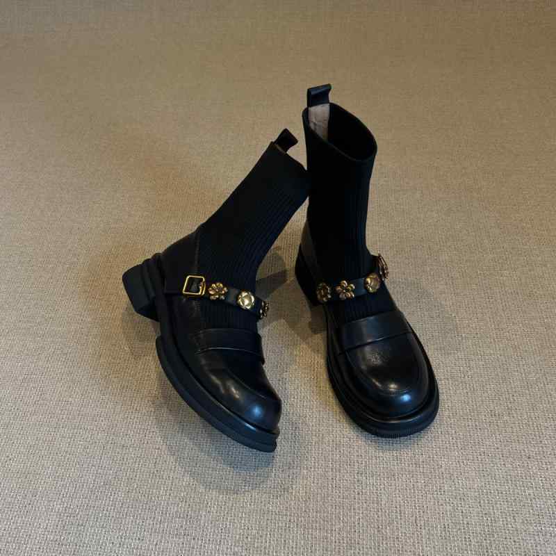 ブーツ レディース 厚底 ストレッチ ショートブーツ レトロ スクール風 ニット ソックスブーツ ローファー風 防水 滑り止め ブラック 35 36 37 38 39 40 秋冬