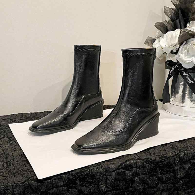 ブーツ レディース 厚底 ショートブーツ 坡跟 ストレッチ ソックスブーツ ファスナー付き ハイヒール 婦人靴 韓国風 通勤 ブラック 秋冬