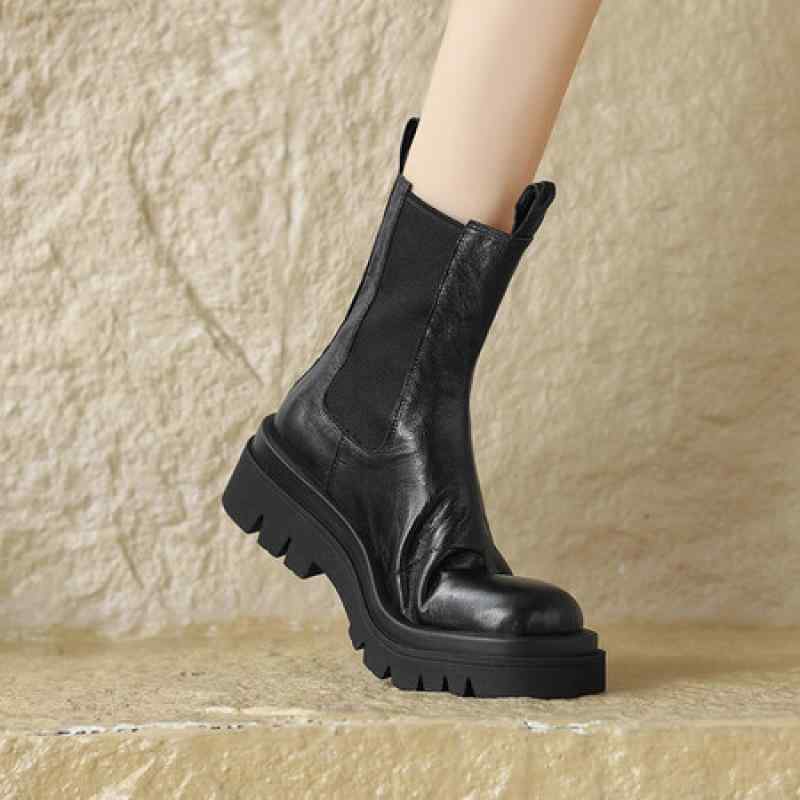 ブーツ レディース 秋冬 シープスキン チャンキーヒール 厚底 ミドル ショートブーツ ラウンドトゥ サイドジップ 普段使い 韓国風 黒 ブラック 茶 ブラウン 本革