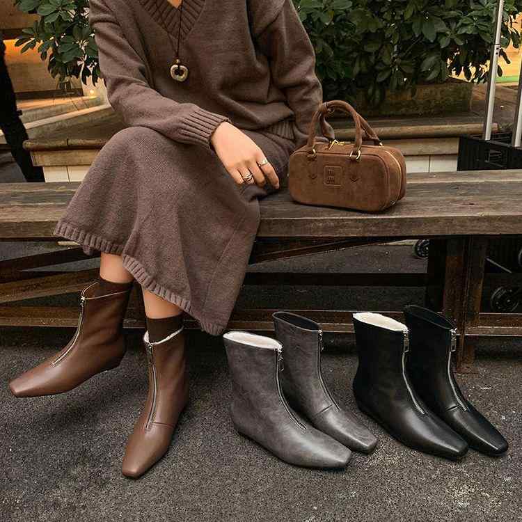 ブーツ レディース 牛革 ショートブーツ 秋冬 韓国風 ローヒール ぺたんこ 履きやすい 暖かい 黒 グレー ブラウン 歩きやすい カジュアル かわいい(4.0)