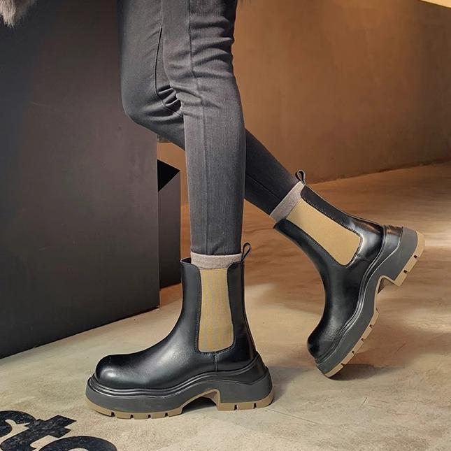 ブーツ レディース 本革 秋冬 チェルシーブーツ ショートブーツ 厚底 ミドル丈ブーツ ラウンドトゥ ブ..