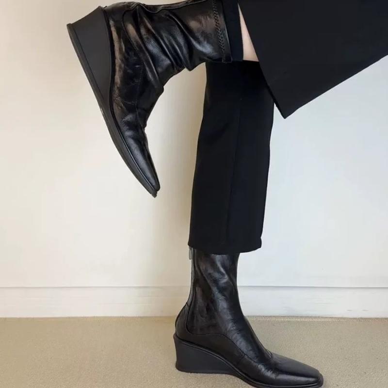 ブーツ レディース 厚底 坡跟 ショートブーツ ストレッチ スクエアトゥ ハイヒール 6cm~8cm 通勤 秋冬 ..