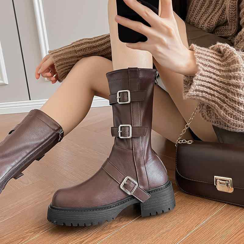 ブーツ レディース 復古 ミッドカット 厚底 ラウンドトゥ シンプル ファッション ウェスタン デニム 秋冬 普段使い