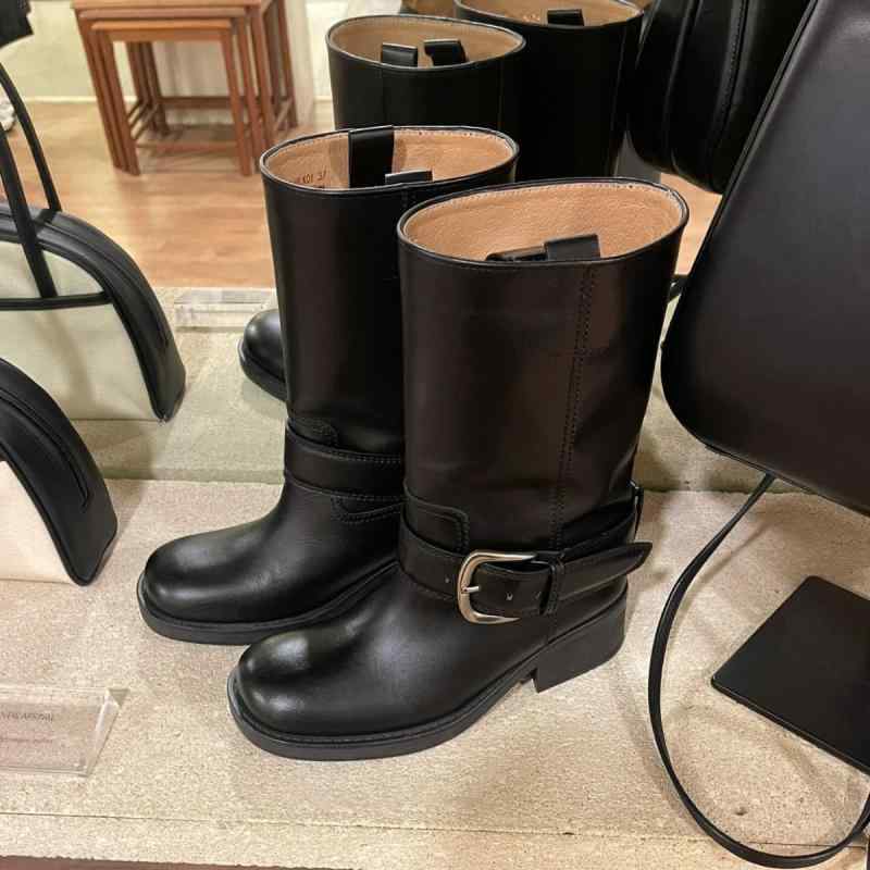 ブーツ レディース 太め 筒 本革 厚底 ミドルブーツ エンジニアブーツ ラウンドトゥ チャンキーヒール 歩きやすい 履きやすい 防滑 耐摩耗 通気性 秋冬 ブラック(4.0)