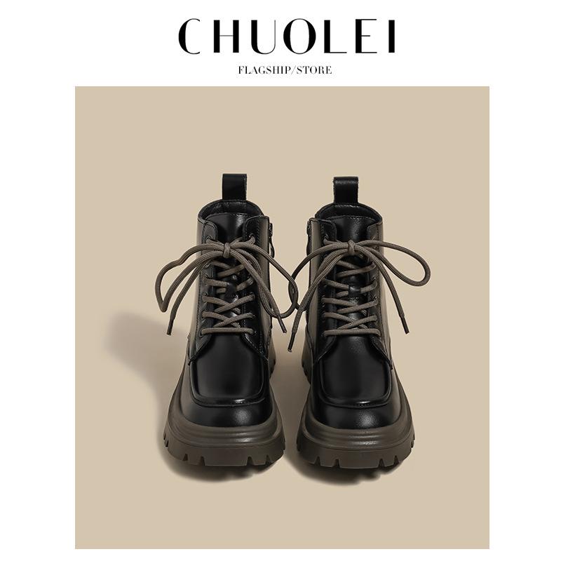 ブーツ レディース 厚底 ショートブーツ レースアップ 配色 ラウンドトゥ チャンキーヒール 防水 防滑 ..