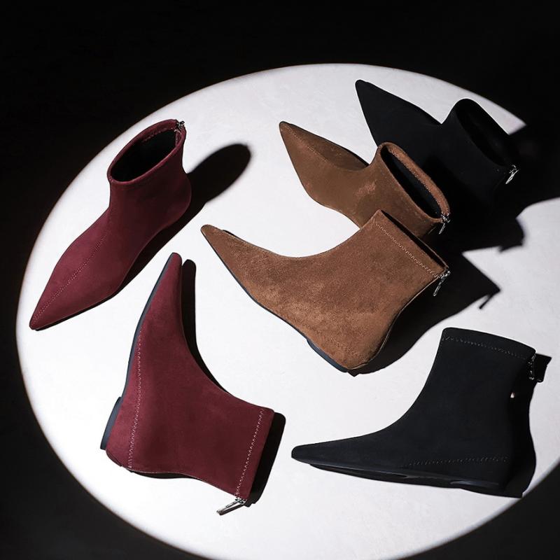 Women'S Shoes - ブーツ レディース ショートブーツ スエード調 ポインテッドトゥ ローヒール インヒール 韓国ファッション 歩きやすい 履きやすい 秋冬 深棕色 黒 アンコラレッド