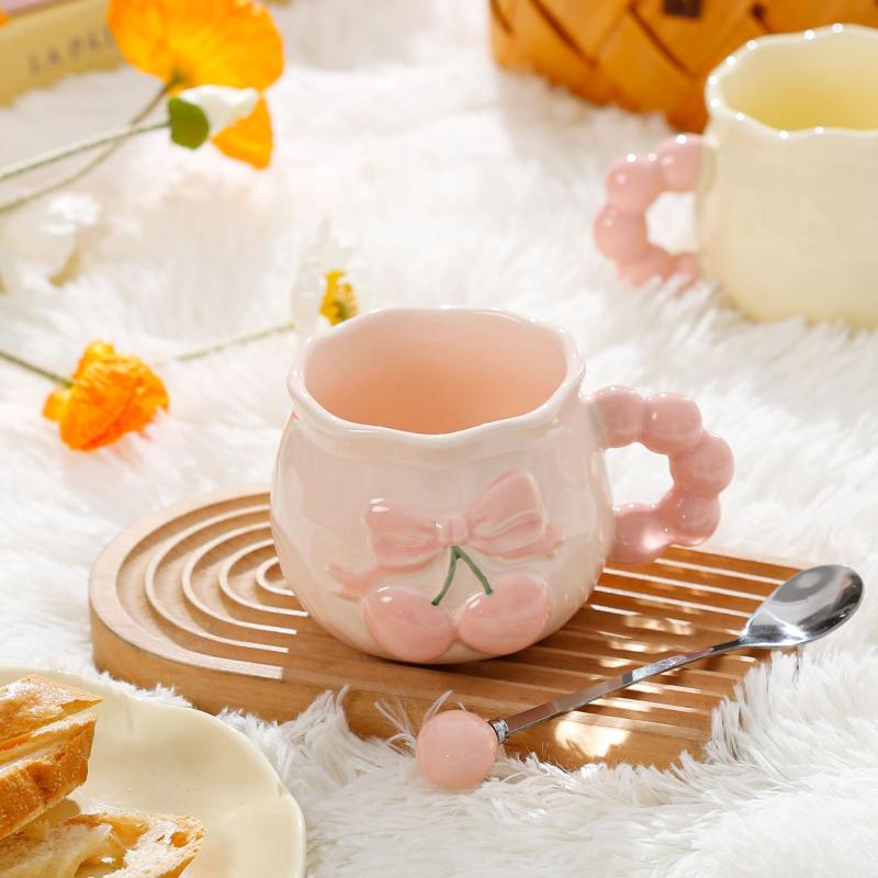 楽天シャドーテールマグカップ レディース かわいい 陶器 ins風 花柄 ピンク コーヒーカップ ティーカップ スプーン付き 高見え